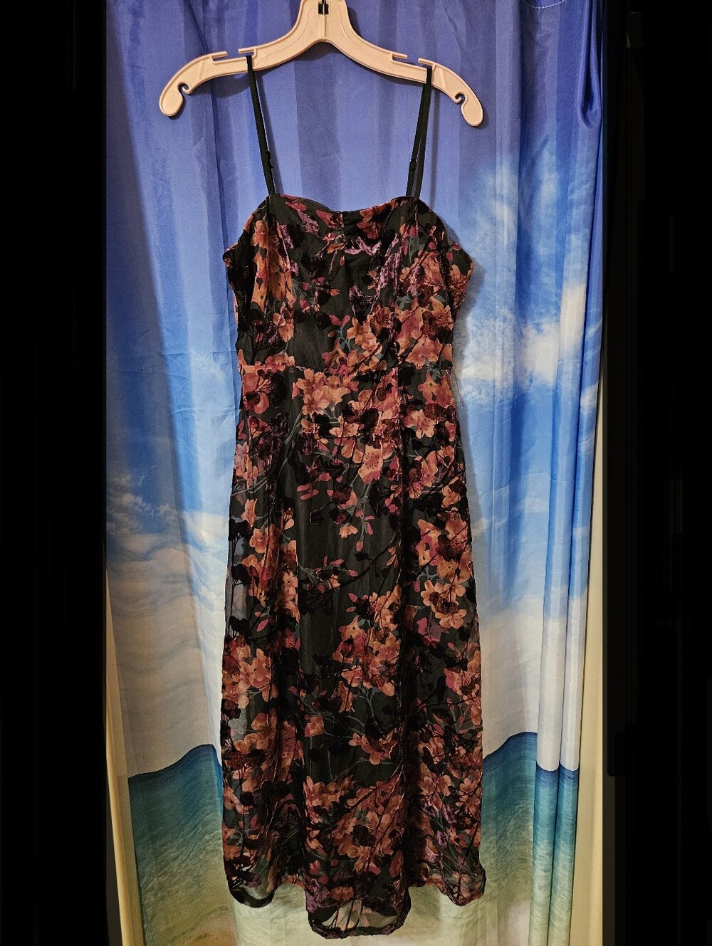Blue Rain  Floral Black & Pink Spaghetti Strap Midi Dress
